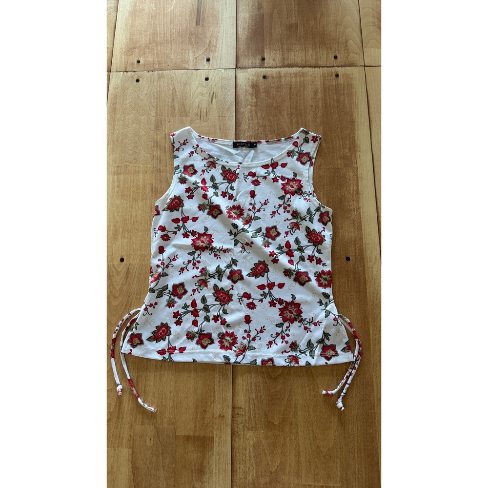 Hiatus Womens Small Floral Sleeveless Top White Red Side Ties Made‎ in USA Y2K